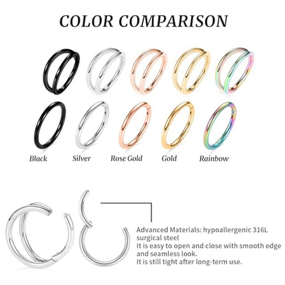 GAGABODY Surgical Steel 2pcs Double Hoop Hypoallergenic Nose Ring Unisex | Seamless Clasp,Used in Nostril,Septum,Lip and All Ear Piercings.22 Gauge to 14 Gauge,a Secure Fit Inner Diameter 6mm to 12mm - color: Silver-Single&Double Hoop, size: 14G-5/16"(8mm