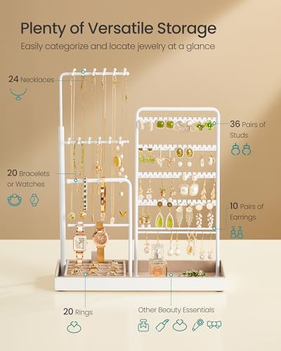 SONGMICS Jewelry Holder, Metal Frame, Velvet Tray, Matte White | Jewelry Storage Organizer Stand with Metal Frame, 12.1 to 18.7 Inches Tall Height Adjustable Necklace Holder for Rings - color: Matte White