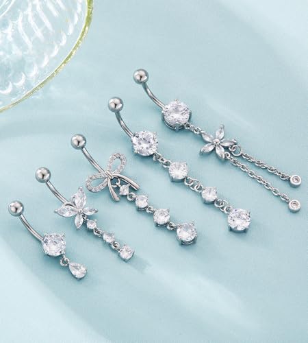BSJ4U Belly Button Rings Gold Plated Silver Pink Clear CZ Belly Rings for Women Heart Bow Flower Butterfly Teardrop Dangle Navel Belly Button Piercing Jewelry - color: Silver Clear Dangle Belly Button Rings