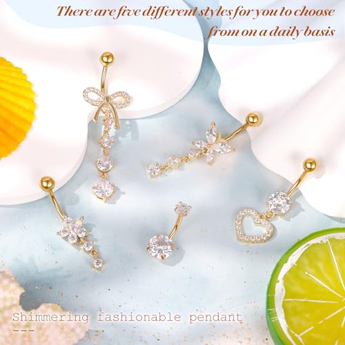 REVOLIA 5Pcs 14G 316L Stainless Steel Dangle Belly Button Rings Heart Flower Dangling Navel Ring Cute Bow Butterfly Belly Ring Sparkling CZ Belly Piercing Jewelry 10MM Gold