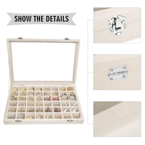 Siveit Velvet Jewelry Tray 48 Grid Jewelry Display Tray Organizer Box with Transparent Lid Rings Earrings Necklaces Pendants Display Box Suitable for Women and Girls (Beige) - color: Beige