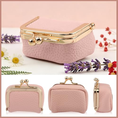 Genuine Leather Small Jewelry Travel Case with Kiss Lock, Portable Travel Jewelry Case Mini Coin Purse for Rings, Earrings, Pendants, Necklaces, Mini Jewelry Box for Girls Women(Pink) - color: Pink