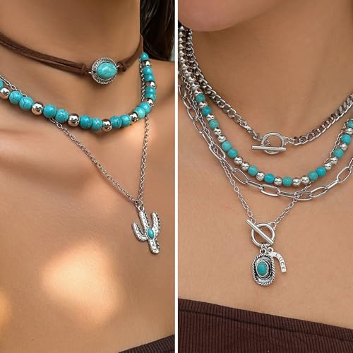 IFKM Bohemian Jewelry Set With Turquoise Necklace, Dangle Earrings, Stackable Bangle Bracelets, Knuckle Rings For Women Vintage Western Boho Turquoise Anniversary Birthday Friendship Gift - style: Bohemian style