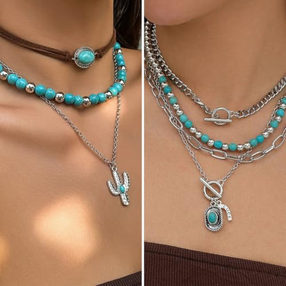 IFKM Bohemian Jewelry Set With Turquoise Necklace, Dangle Earrings, Stackable Bangle Bracelets, Knuckle Rings For Women Vintage Western Boho Turquoise Anniversary Birthday Friendship Gift - style: Bohemian style