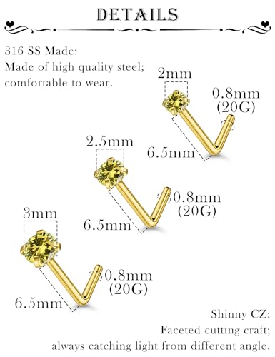 18G 20G 22G Stainless Surgical Steel Titanium Nose Rings Studs for Women L Shaped Nose Rings Screw Nose Studs Nostrial Piercing Jewelry for Women Men Silver Gold Black - style: 20G/Yellow CZ/L-shaped/Gold