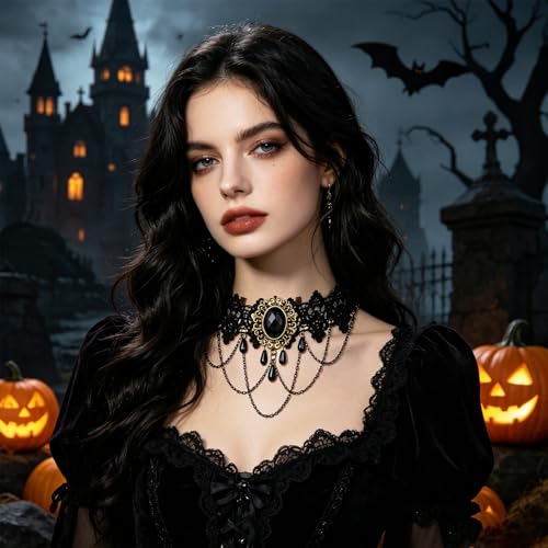 coadipress Gothic Lace Choker Necklace for Women Crystal Royal Court Vampire Choker Gothic Necklace Retro Handmade Halloween Gifts