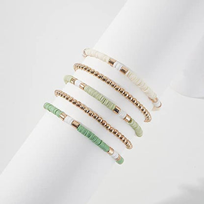 GOOJIDS Surfer Heishi Clay Bead Bracelets for Women Bohemian Stackable Gold Plated Beaded Stretch Bracelets Elastic Layering Friendship Bracelets Set Boho Jewelry - color: C-New Green Color Sets