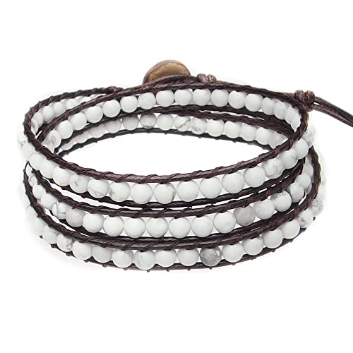 Genuine Stone Wrap Bracelets for Women Natural Crystal Beaded Wrap Bracelet 2/3/5 Adjustable Bohemian Bracelets Jewelry Gifts for Women Mom - color: white turquoise(3 wraps)