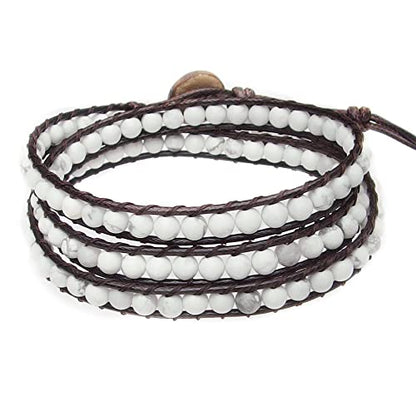 Genuine Stone Wrap Bracelets for Women Natural Crystal Beaded Wrap Bracelet 2/3/5 Adjustable Bohemian Bracelets Jewelry Gifts for Women Mom - color: white turquoise(3 wraps)