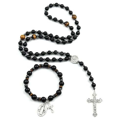 Rosary for Men Women, Natural Stone Beads with St. Benedict Bracelet | 8 mm Natural Stone Prayer Beads with 10 mm Accent Beads, St. Benedict Crucifix, Matching Bracelet, Gift Box and Pouch. - color: Obsidian