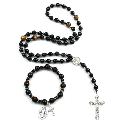 Rosary for Men Women, Natural Stone Beads with St. Benedict Bracelet | 8 mm Natural Stone Prayer Beads with 10 mm Accent Beads, St. Benedict Crucifix, Matching Bracelet, Gift Box and Pouch. - color: Obsidian
