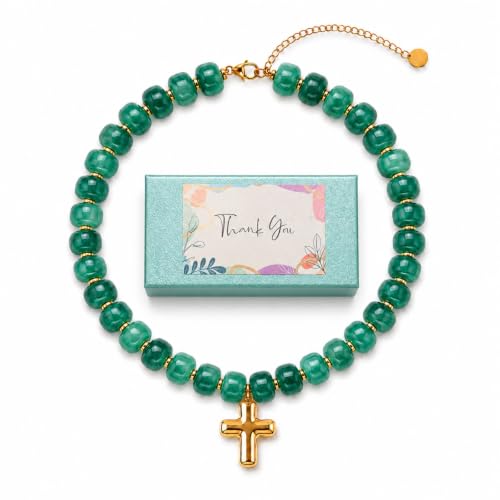 Colorful Resin Chunky Beaded Necklace for Women Modern Statement Choker Necklace with Gold Tone Cross Pendant Boho Summer Jewelry Gift - color: Emerald Green-1