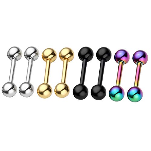 Zysta 4 Pairs Stainless Steel 14/16G Mixed Colors Body Piercing Barbells 6-16mm Post Studs Earring NippleTongue Helix Tragus Cartilage Labret Medusa Lip Eyebrow Straight Bar Ball Screw … - color: 4mm Ball,8mm Post