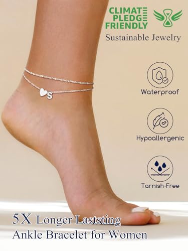 Suplight Initial Ankle Bracelets for Women 14K Gold Plate Waterproof No Tarnish Anklets Layered Heart Letter Anklet Adjustable Plus Size Foot Chain Summer Beach Boho Jewelry Silver Black 8.5-10 Inch - color: Silver, style: 18.R