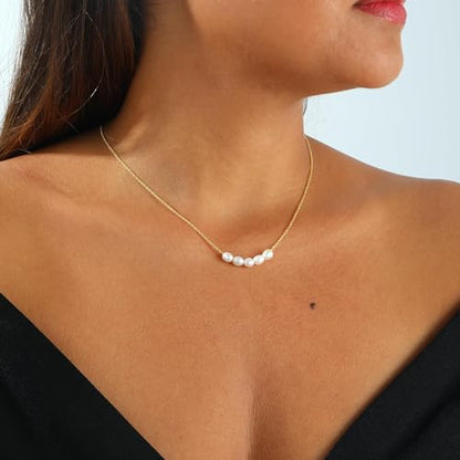 Pearl Necklace for Women, Dainty Pearls Choker Necklace for Women 14K Gold Plated Layered Pendant Necklace Handmade Gold Chain Necklace Everyday Jewelry Gift - color: Five Pearls-Gold