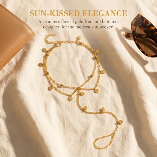 Golden-Tone Link Chain Anklet and Toe Ring Jewelry set for women | Adjustable Link Chain Anklets Jewelry set Colorful Crystal Charms, Star and Heart Accents Summer Beach Boho Foot Jewelry - color: Golden