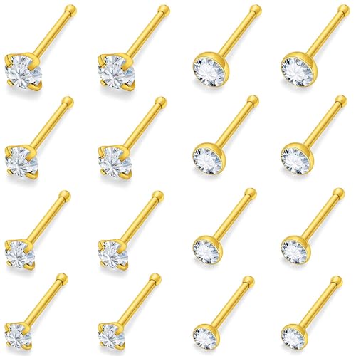 18G 20G 22G Round Cubic Zirconia Nose Rings Studs for Women Men 316L Stainless Surgical Steel Nose Ring Stud Piercing Jewelry Silver Gold Clear CZ 1.5mm 2mm 2.5mm 3mm - style: 18G Straight Gold