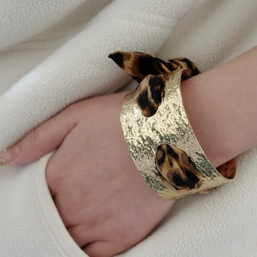 Chunky Gold Hammered Bracelets for Women, Leopard Print Scarf Big Golden Stainless Steel Cuff Bangle Silk Styling Charm Stackable Statement Jewelry Gifts - color: 3.5CM-Gold