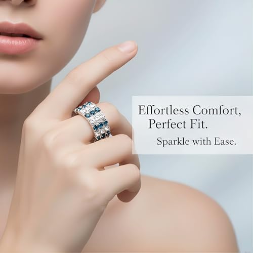 Sparkling Rhinestone Ring Set Trendy Elastic Rhinestone Crystal Stretch Ring Stackable Jewelry for Women Girls - color: 3 Rows Ring-White+Dark Blue