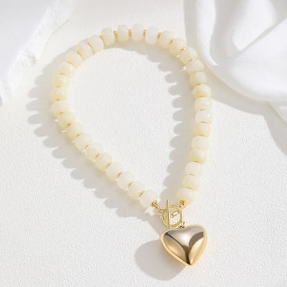 Chunky Heart Necklaces for Women Colorful Resin Beaded Necklaces for Women Gold Puffy Heart Statement Necklace Trendy Acrylic Choker Jewelry Gift - color: White
