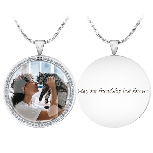 Farfume Personalized Photo Necklace for Women/Men, Memorial Jewelry Gifts | Holds 2 Pictures Pendant, Custom Engraved Text, Beautiful Locket for Girls, Durable Stainless Steel, Mothers Day Gifts - color: Diamond Round Necklace