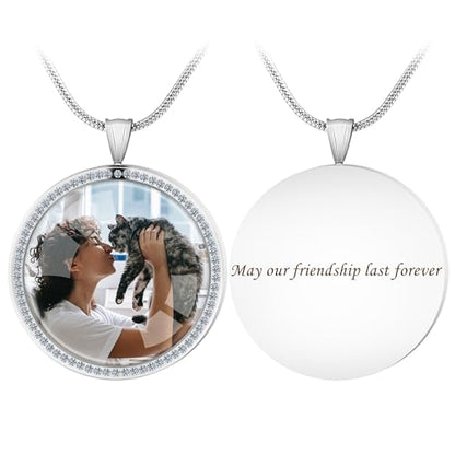 Farfume Personalized Photo Necklace for Women/Men, Memorial Jewelry Gifts | Holds 2 Pictures Pendant, Custom Engraved Text, Beautiful Locket for Girls, Durable Stainless Steel, Mothers Day Gifts - color: Diamond Round Necklace