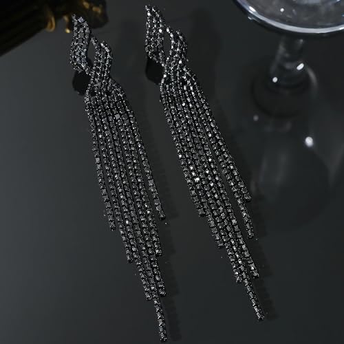 Long Rhinestone Tassel Statement Earrings for Women Bohemia Crystal Flower Leaf Dangle Earrings Minimalist Exaggerated Zircon Earrings Prom Jewelry (Black)