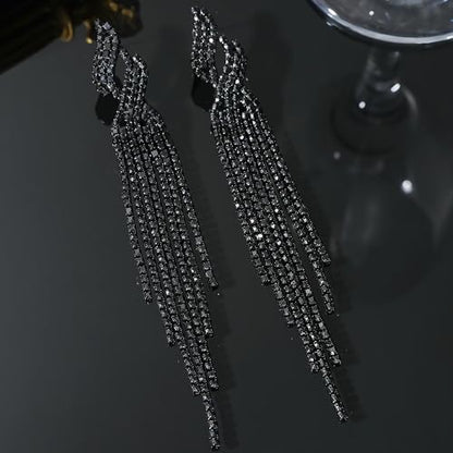 Long Rhinestone Tassel Statement Earrings for Women Bohemia Crystal Flower Leaf Dangle Earrings Minimalist Exaggerated Zircon Earrings Prom Jewelry (Black)