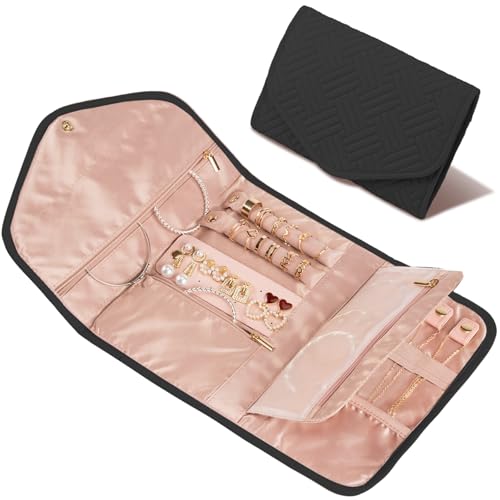 Amrules Travel Jewelry Roll Organizer Bag Foldable and Anti-Tangle Jewelry Holder Storage for Rings, Necklaces, Bracelets, Earrings and Accessories, Medium Black - color: Black, size: Medium