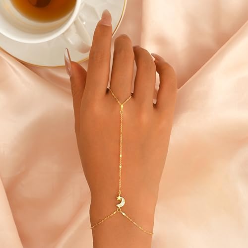 925 Sterling Silver Hand Chain Bracelet for Women | 14k Gold Plated CZ Crystal Heart Starburst Ring Bracelets Hand Chain Diamond Layered Stackable Link Chain Beach Jewelry Gifts - color: GoldE