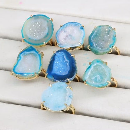 Elegant Geode Druzy Gemstone Statement Ring for Women, Adjustable Ring, Gold Plated Stone Size 20-25mm - color: Aqua, style: 1