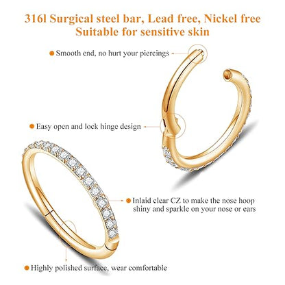 MissNity 20G, 18G, 16G, 14G Hinged Nose Rings Hoop with Gem in 316L Surgical Steel, Septum Clicker Cartilage Earrings Conch Daith Helix Rook Ear Lobe Piercing Jewelry, Diameter 6mm to 12mm - color: 02: Gold - Clear CZ