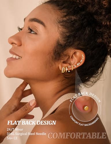 Gold Earrings for Women Flat Back Earrings Hypoallergenic Earring Stacks | 14K Gold Plated Surgical Stainless Steel Earring Set Chain Cartilage Earrings - Helix Piercing Jewelry for Women Trendy Gold - color: Gold 1