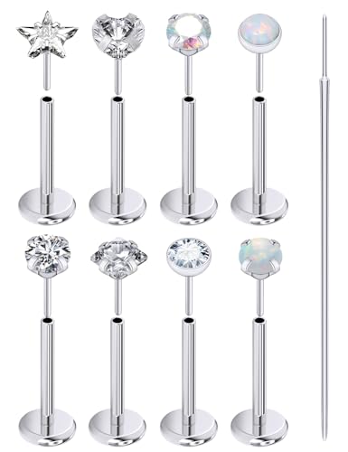 Prjndjw Threadless Nose Rings Stud 20G 18G 16G Flat Back Nose Stud Surgical Steel Push In Nose Rings Opal Heart CZ Hypoallergenic Nose Piercing Lip Medusa Tragus Studs Earrings Piercing Taper - color: 18G=1.0mm -8mm Length