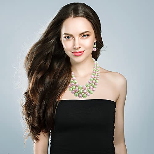 Rosemarie & Jubalee Women's 3 Colorful Multi Strands Simulated Pearl Necklace And Earrings Jewelry Gift Set, 18"+3" Extender - color: Light Green Light Pink Mix Silver Tone - Double Ball Earring