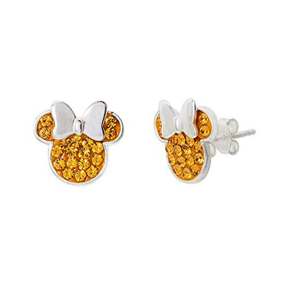 Disney Minnie Mouse Jewelry, Sterling Silver Pave Birthstone Crystal | Stud Earrings - color: November-Topaz Citrine Crystal