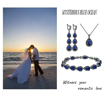 LMXXVJ Necklace Long Earrings Bracelet Set, White Gold Plated Created Blue Sapphire Jewelry Set Wedding Party Gift Jewelry for Women Bridal Bridesmaid - color: Black Gun-Blue