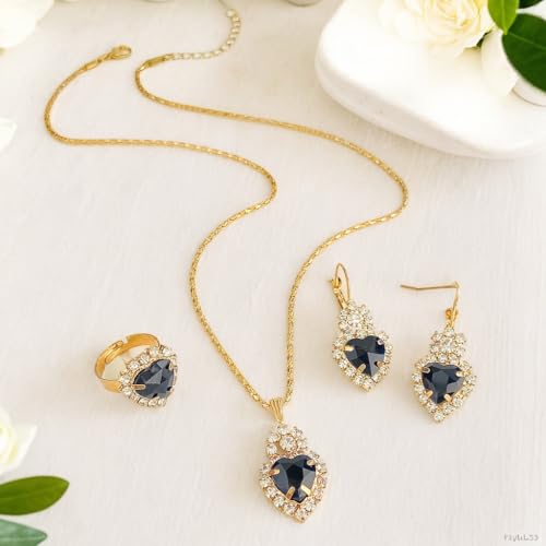 Jewelry Set for Women Love Heart Alloy Artificial Crystal Earrings Pendant Necklace Ring Wedding Party Prom Anniversary Birthday Engagement for Bridal Bridesmaid Girlfriend - color: black Heart