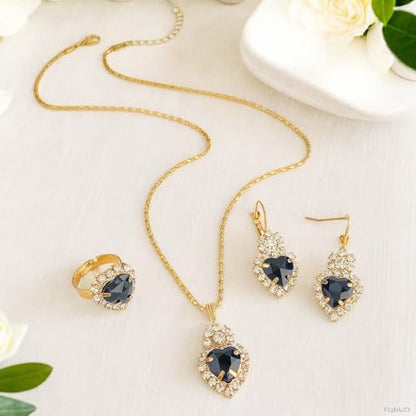 Jewelry Set for Women Love Heart Alloy Artificial Crystal Earrings Pendant Necklace Ring Wedding Party Prom Anniversary Birthday Engagement for Bridal Bridesmaid Girlfriend - color: black Heart