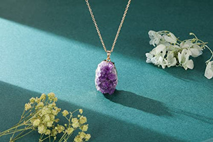 Jovivi Natural Amethyst Cluster Crystal Necklace for Women Men,Irregular Raw Rough Amethyst Quartz Stone Pendant Necklace Jewelry for Spiritual Reiki Healing,Beauty, Love and Positive Energy - color: Gold Plated