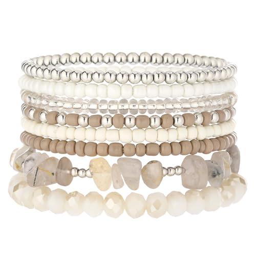Noessla Boho Beaded Bracelets for Women Stackable Irregular Natural Stone Bead Stretch Bracelet Set 8PCS Costume Jewelry Gifts for Her - color: Beige