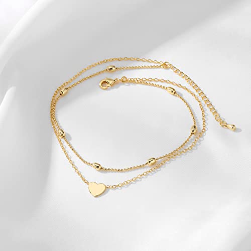 Pencros Dainty Layered Anklet,14K Gold Filled Cute Beads Satellite Chain Heart Boho Adjustable Anklets for Women - color: Layer Heart Gold
