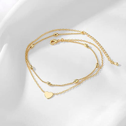 Pencros Dainty Layered Anklet,14K Gold Filled Cute Beads Satellite Chain Heart Boho Adjustable Anklets for Women - color: Layer Heart Gold
