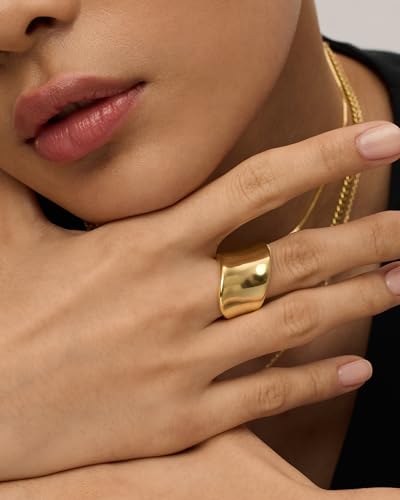 PAVOI 14K Gold Plated Chunky Statement Ring for Women | Stainless Steel Hypoallergenic Wide Stackable Rings - color: Yellow Gold