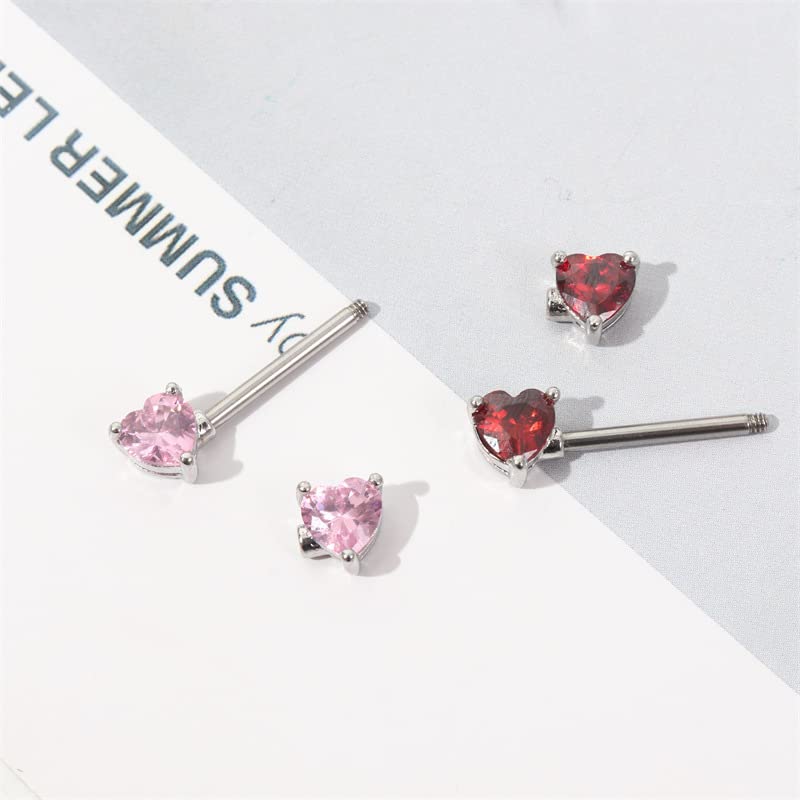 HQLA 14G Dainty CZ Love Heart Nipple Rings Tongue Ring Surgical Steel Nipple rings Piercing Women Barbells 2Pcs 25/8"(16mm) - style: Silver - Style A - Pink Heart CZ