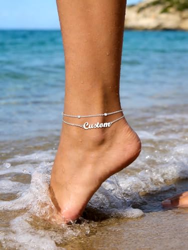 Custom4U Custom Name Anklet Bracelets for Women Waterproof Beaded/Figaro/Cuban/Rope/Wheat Chain Anklet Stackable Gold Plated Non Tarnish Custom Beach Gift Barefoot Summer Jewelry for Her - color: A02-Silver Beaded Chain