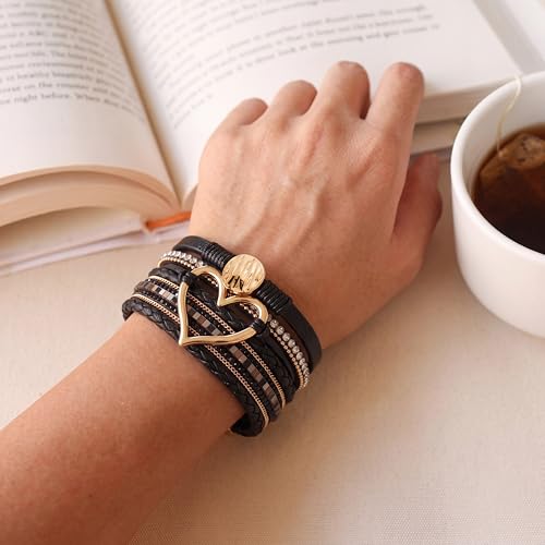Edoneery Leather Wrap Bracelets for Women, Boho Layered Cuff Bangle | Multi-layer Leather Cuff, Daily wear, Stackable Bangle, Easy on-off, Western Jewelry Gifts for Women - color: Black-2