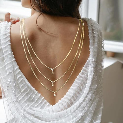 Rhinestone Layers Back Necklace Chains for Backless Dress Shinny Bridal Wedding Shoulder Body Jewelry for Women Back Body Chain - color: Gold