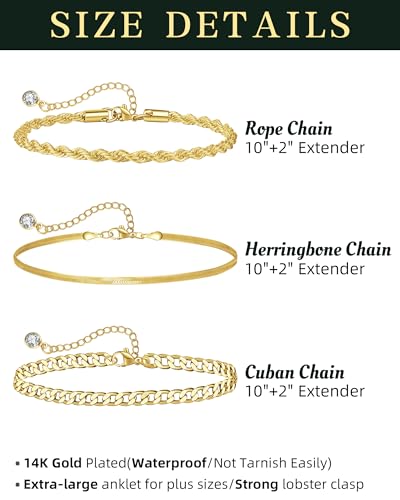 Plus Size Ankle Bracelets for Women - Extra Large 10"+2" Adjustable Anklet 14K Real Gold Plated Anklet Cuban Link, Figaro, Rope, Snake Herringbone - Summer Beach Waterproof Foot Jewelry - color: Curb, Snake, Rope