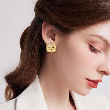 REELMAR Chunky Geometric Clip On Earrings for Women Trendy Gold-Plated Thick Hammered Rectangle Dupes Earrings Minimalist Statement Earrings No Piercing Clips - color: Gold-Square